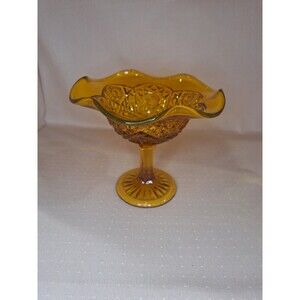 Vintage L.E. Smith Marigold Amber Pedestal Compote Bowl Star Design 8" Around